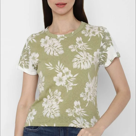 American Eagle Womens Large Floral T-Shirt Green White Hawaiian Tropical Top Tee - Picture 1 of 9